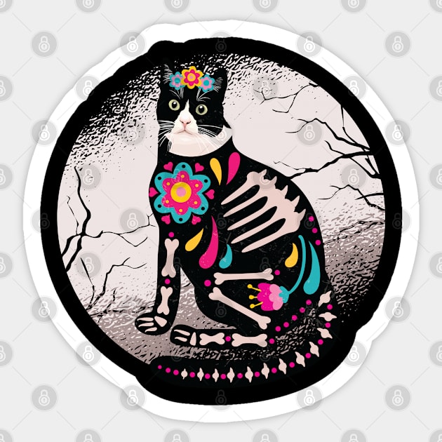 Dia De Los Muertos Skeletons Cat Mexican Day Of The Dead Sticker by Vixel Art